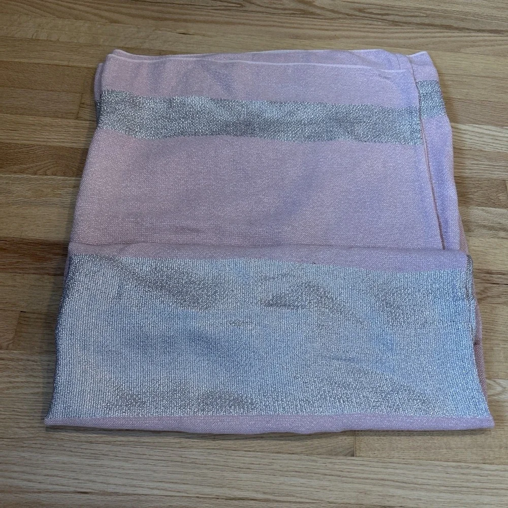 Vintage MCM Pink Woven Tablecloth 11 Napkins Set Metallic Silver Stripe 93x64